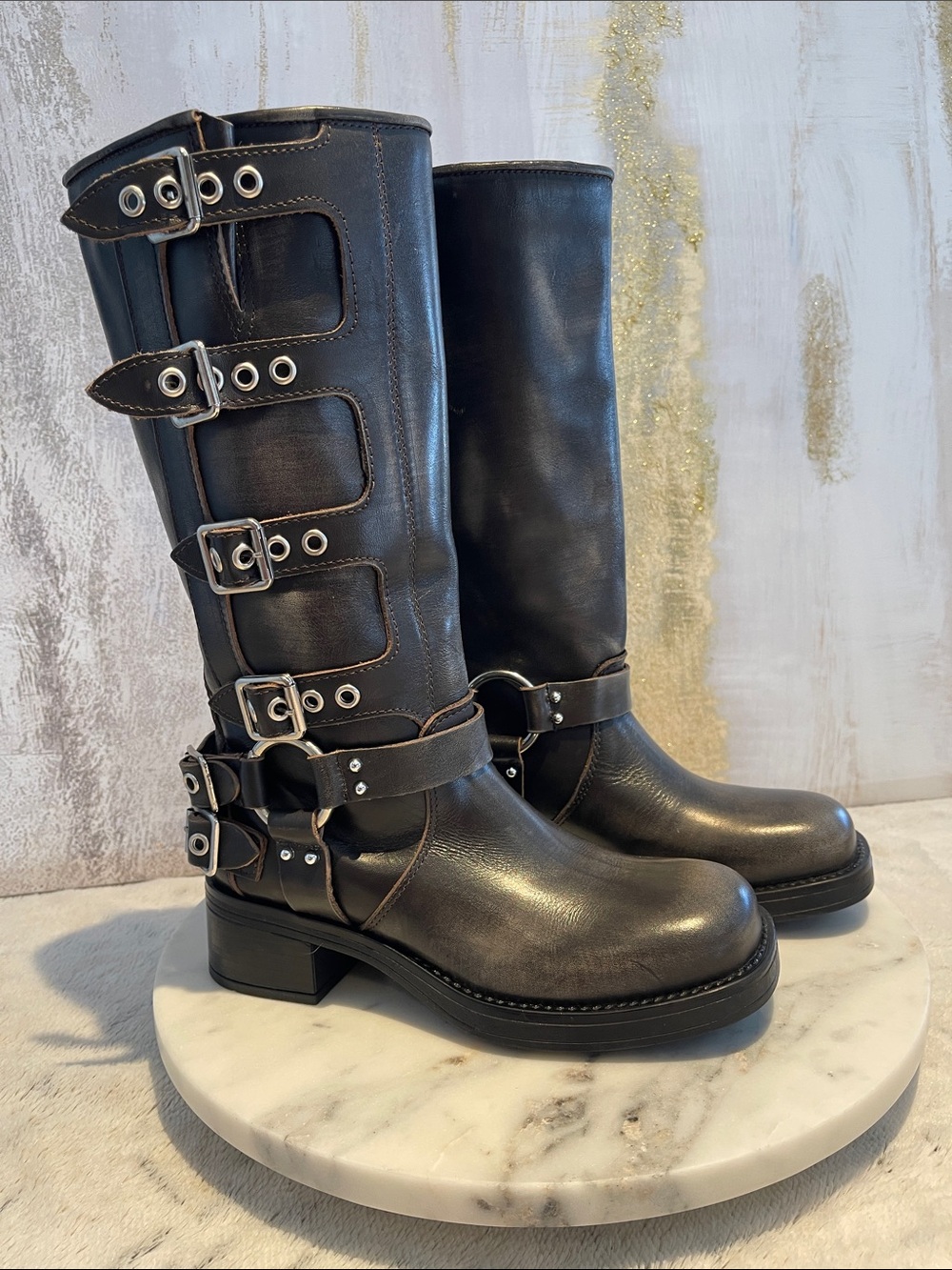 Steve Madden - Rocky Distressed Leather Buckle Hardware Tall Moto Engineer Boots